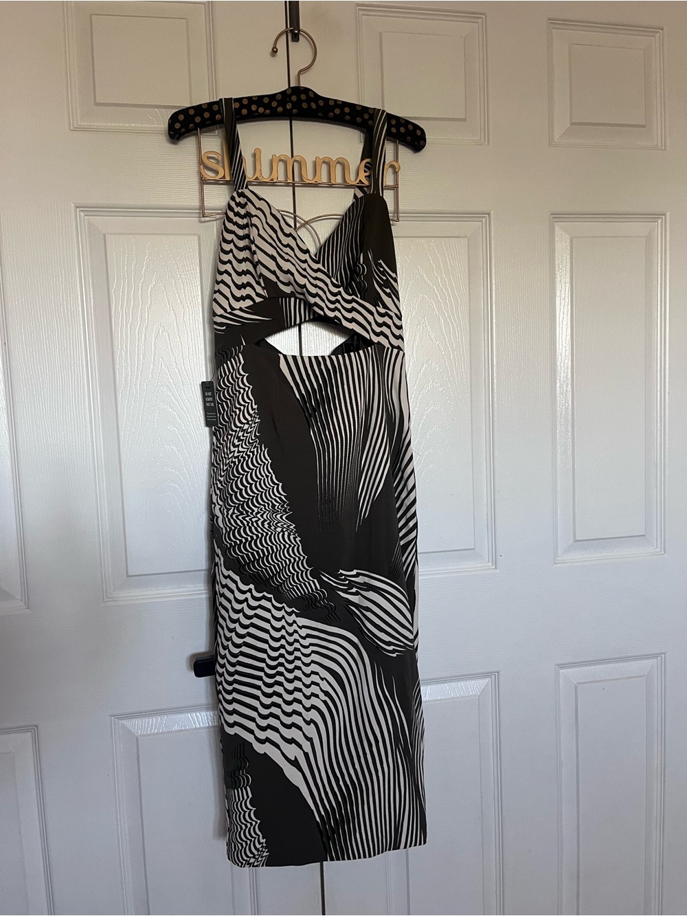 Express Black/White Striped Midi Sheath Dress Size 4 V-Neck Smocked Cutout